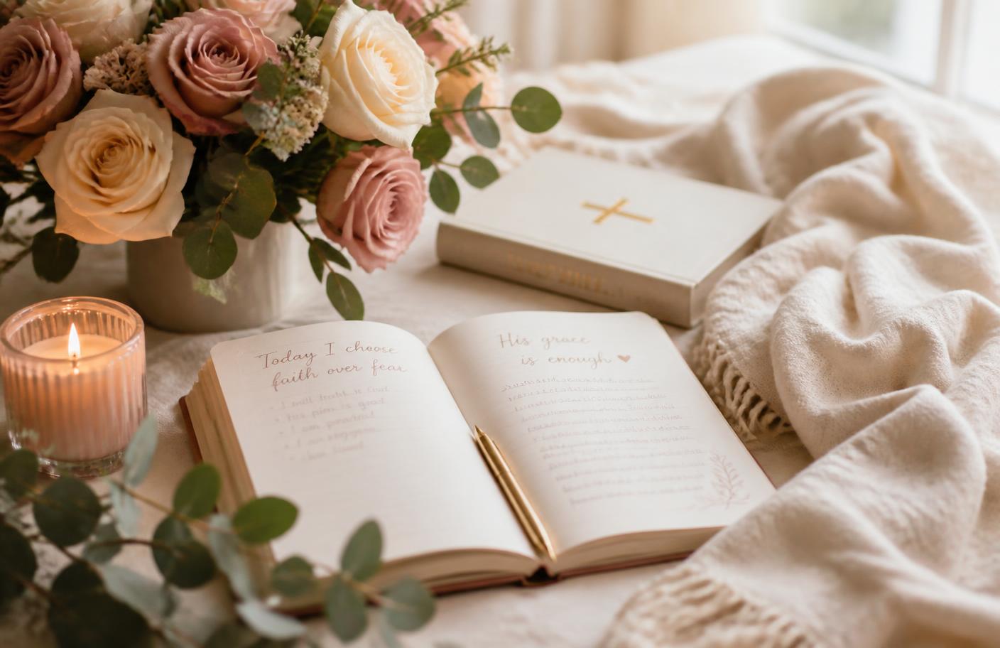 An open journal, lit candle, soft roses, eucalyptus, a small Bible, and cream linen in warm natural light