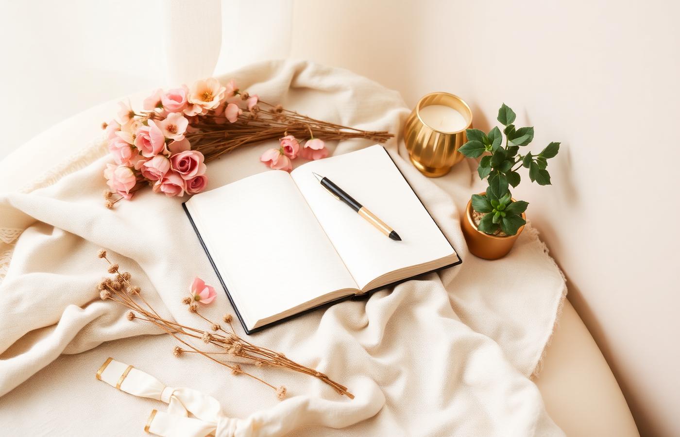 A journal, candle, and soft pink florals arranged on cream linen